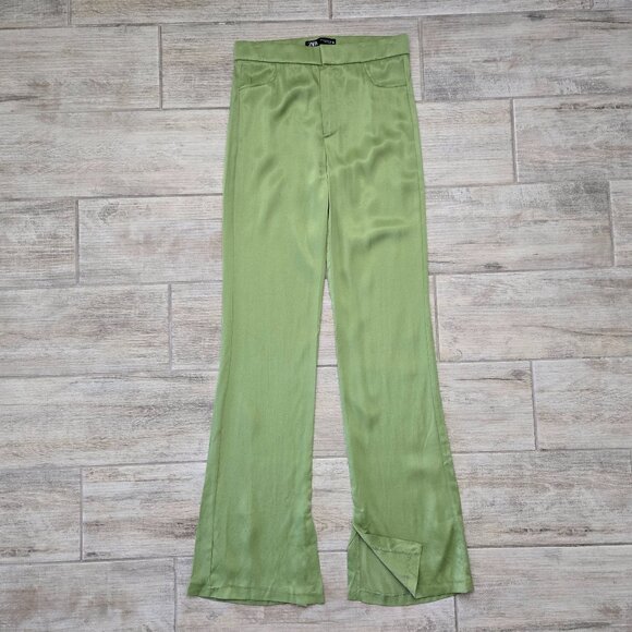 NWT Zara Kelly Green Wide Leg Pants Viscose Satin Feel Split Ankle Dressy M - Picture 1 of 7